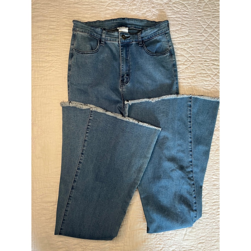 Boho Three Bird Nest Womens L High Waisted Flare Jeans Blue Frayed Hem